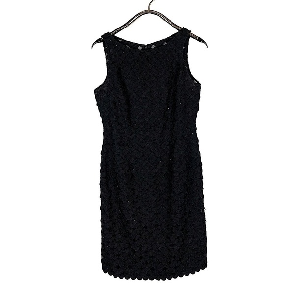 CARMEN MARC VALVO BLACK LATTICE DOT APPLIQUE CRYSTAL SLEEVELESS SHEATH DRESS - Picture 4 of 15